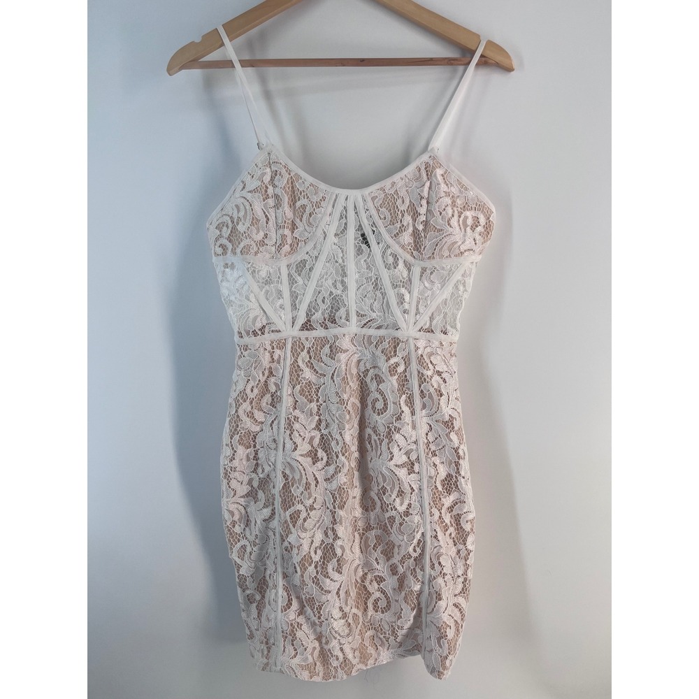 PrettyLittleThing White Lace Corset Mini Dress Nude Lining Size 6 Fairycore
